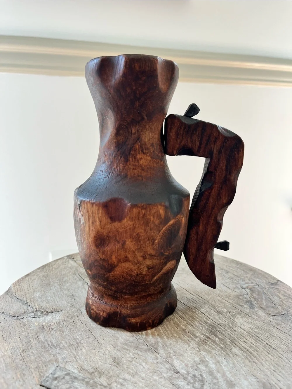 Vintage Handmade in Spain Carved Wood Pitcher Jug 8”